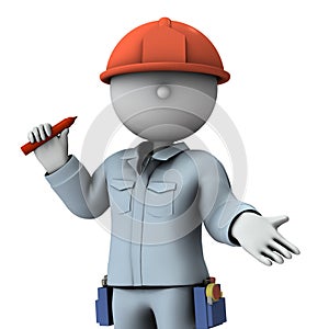 An engineer holding a pen and giving an explanation. He wears a red helmet and work clothes. 3D rendering.