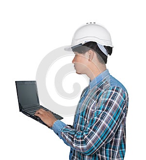 Engineer while holding using Laptop and head wear white safety helmet plastic Concept Work construction on white background