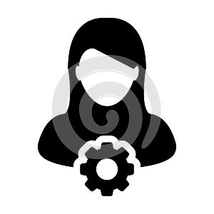 Engineer icon vector female person profile avatar with gear cogwheel for settings and configuration in flat color glyph pictogram