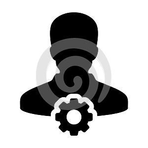 Engineer icon vector male person profile avatar with gear cogwheel for settings and configuration in flat color glyph pictogram