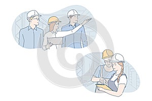 Engineer, industrial, building, teamwork set concept