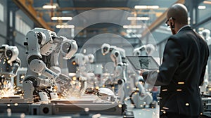 The Engineer with Industrial Robots. AI generated photo