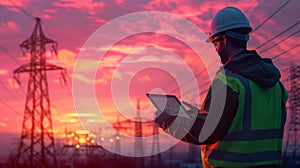 Engineer Inspecting Power Grid at Sunset. AI generated