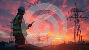 Engineer Inspecting at Vibrant Sunset. AI generated