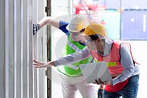 Engineer inspection and checking goods cargo container wall strength for safety according to international rule and Intermodal photo