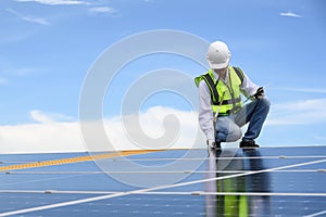 Engineer Inspector Quality in Solar Roof Panel Installation, Sustainable Photovoltaic Work for Factory Buildings. Natural Energy