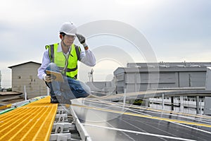 Engineer Inspector Quality in Solar Roof Panel Installation, Sustainable Photovoltaic Work for Factory Buildings. Natural Energy