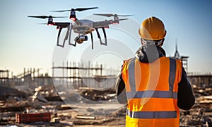 Engineer Inspects Construction Site with Drone