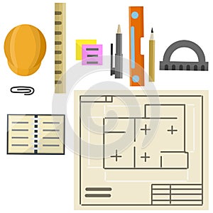 Engineer kit. Drawing plan of building