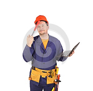 Engineer with laptop hands hammer.