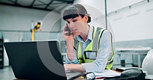 Engineer, laptop and woman on mobile call in construction site for business project, building and trade industry. Female