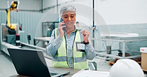 Engineer, laptop and woman in phone call in construction site for business project, building and trade industry. Senior