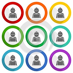 Engineer with laptop, worker, manager vector icons, set of colorful flat design buttons for webdesign and mobile applications