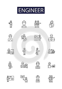 Engineer line vector icons and signs. technologist, technician, inventor, fabricator, draftsman, surveyor, architect photo