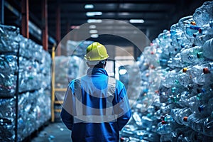 Engineer looking on the plastic bottle in the recycling industry. Generative AI