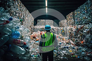 Engineer looking on the plastic bottle in the recycling industry. Generative AI