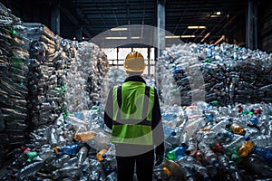 Engineer looking on the plastic bottle in the recycling industry. Generative AI