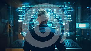 Engineer looking to work in the electrical control room. Neural network AI generated