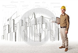 Engineer man with building city drawing in background