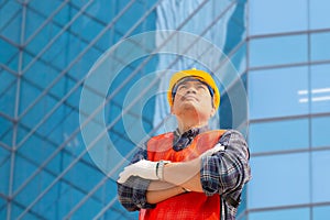 Engineer man with clipping path checking and planning project at construction site, Man looking into the sky