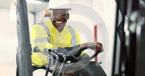 Engineer man, forklift and smile in portrait for logistics, supply chain or working in warehouse. Employee, helmet and