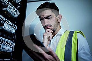 Engineer man, thinking and tablet in server room for information technology, maintenance and app in night. IT technician