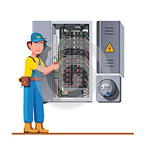 Engineer man working with breaker and fuse box