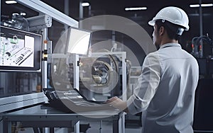 Engineer manager monitors and controls robot arm automation in smart factories in real time monitoring system software