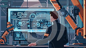 Engineer manager monitors and controls robot arm automation in smart factories in real time monitoring system software, welding