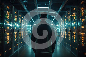 IT engineer monitoring system performance of database network. Webhosting, cloud computing