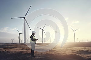 Engineer at the Natural Energy Wind Turbine facility ready to inspect the operation of large wind turbines.