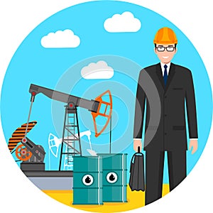 Engineer with Oil pump and Barrels for Fuel. Vector Illustration