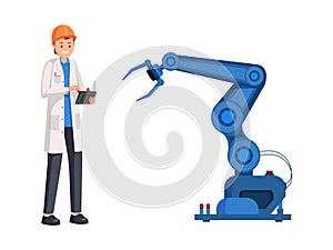 Engineer operate robotic arm flat illustration