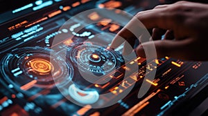 Engineer operating futuristic touchscreen interface with hud display