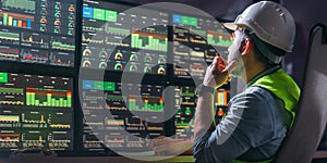 Engineer operator and computer screens with modern following production system Industry 4.0 Head engineer of factory control