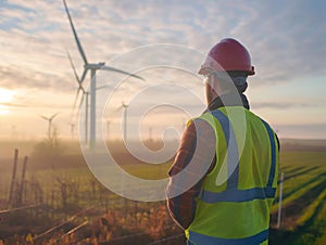 Engineer Overlooking Wind Farm at Sunrise