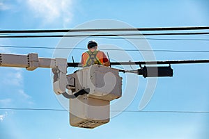 Engineer person working in cherry picker