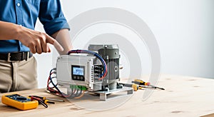 Engineer pointing at electric motor power control display