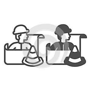 Engineer with projects and traffic cone line and solid icon, making road concept. Vector graphics. Builder man with