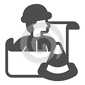 Engineer with projects and traffic cone solid icon, making road concept. Vector graphics. Builder man with project plan