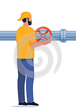 Engineer or repairman in workwear inspect petroleum or water pipelines. Valve and pressure gauge on the pipe. Oil, gas or water