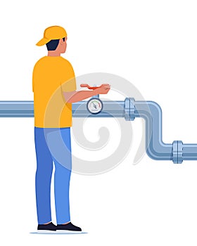 Engineer or repairman in workwear inspect petroleum or water pipelines. Valve and pressure gauge on the pipe. Oil, gas or water