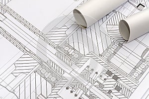 Engineer`s drawing with rolls blueprint close up