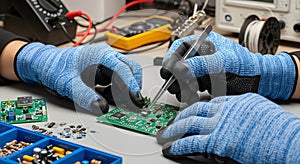 Engineer's Hands Assembling Electronic Components on a Circuit Board