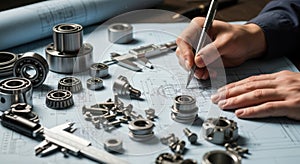 Engineer s hands meticulously drawing blueprints surrounded by precision mechanical components