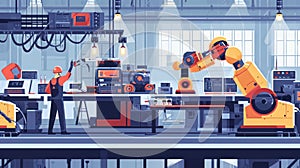 Engineer in safety clothing works with state-of-the-art robots on an industrial assembly line.
