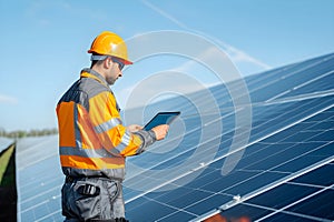 An engineer in safety gear uses a tablet to inspect and manage solar panels