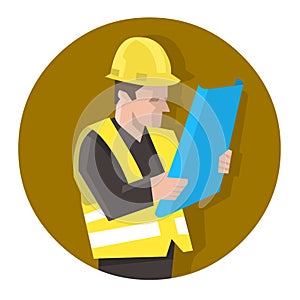 Engineer in safety vest reading blueprint plan