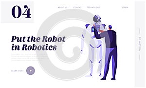 Engineer Scientists Male Character Programming Huge Robot. Robotics Hardware and Software Engineering. Artificial Intelligence