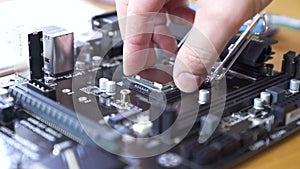 Engineer sets the CPU into the motherboard